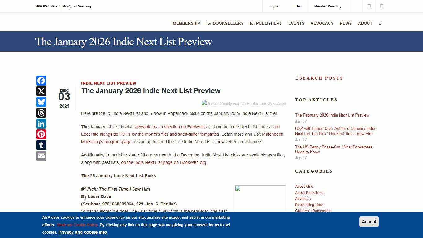 The January 2026 Indie Next List Preview the American Booksellers Association